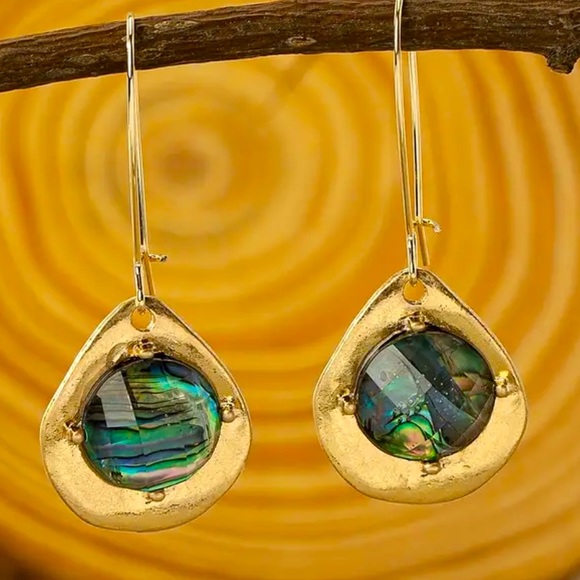 Abalone Jewelry - Abalone Shell Drop Earrings Boho Style  Dangle Gold tone Vintage look Earrings